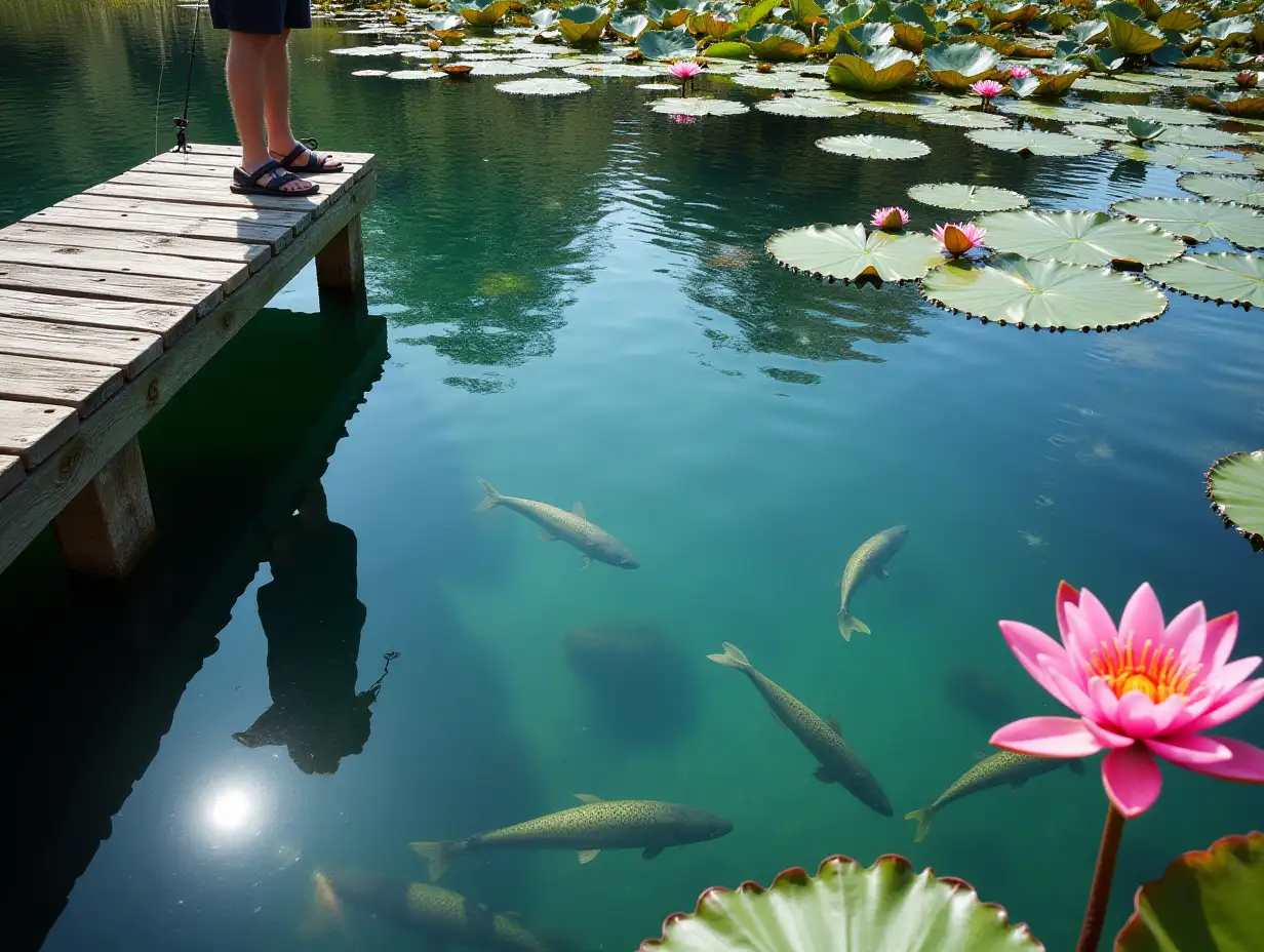 a view from a wooden pier directly into the clear water of a pond on the surface of which float large pink water lilies, a man and his son are reflected in the water as they fish, the water is so clear that you can see the bottom with the glints from the sun penetrating through the ripples of the water, and you can also see the fish in the pond, several salmon are swimming at the bottom