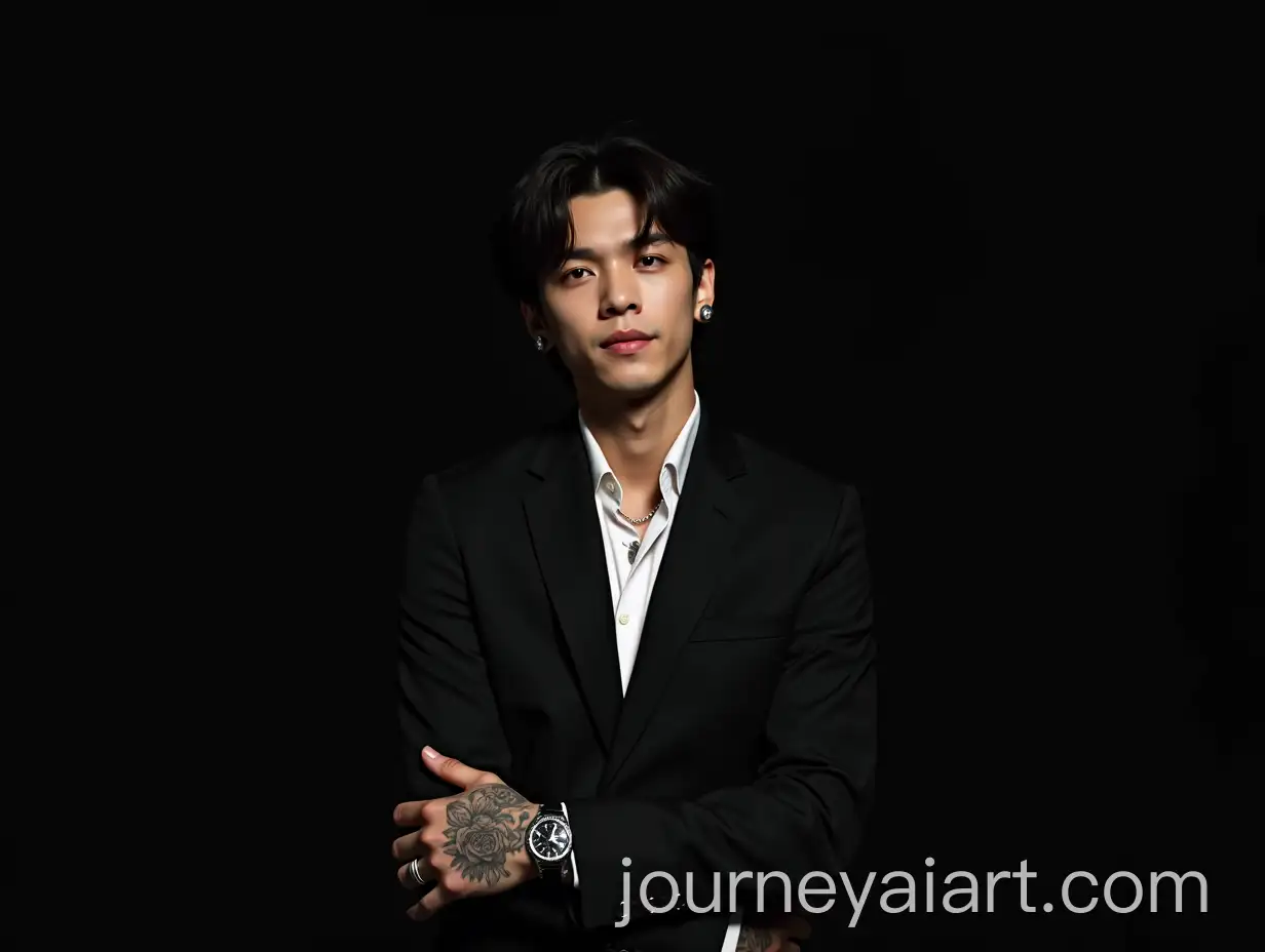 Jungkook-from-BTS-in-a-Sleek-Black-Suit-with-Tattoos-and-Confident-Stance