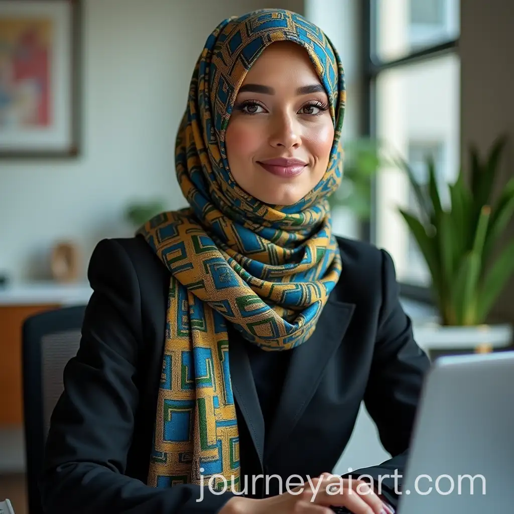 Elegant-Moroccan-Woman-in-Modern-Office-with-Vibrant-Silk-Scarf
