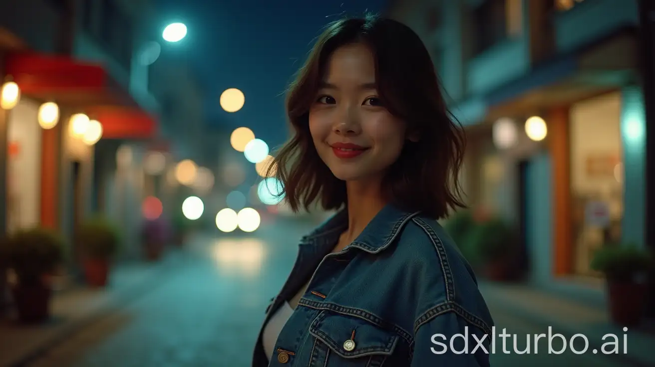 Woman-in-Denim-Jacket-in-Nighttime-Urban-Setting