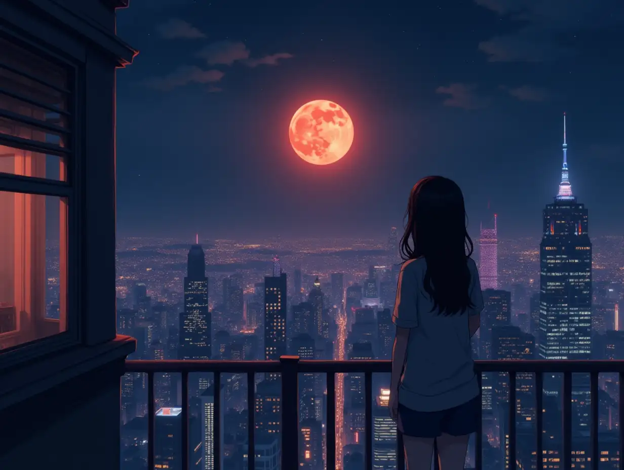 create a animated anime style lofi image where a girl is staring at a orange moon from the skyscraper balcony and all the neon city light below with buildings camera position on the top.