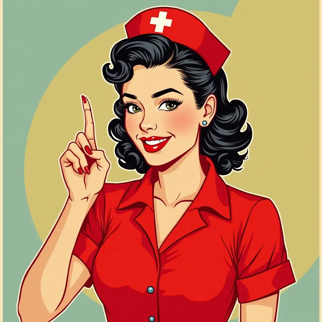 nurse in a red shirt in the style of pop art points up with her finger