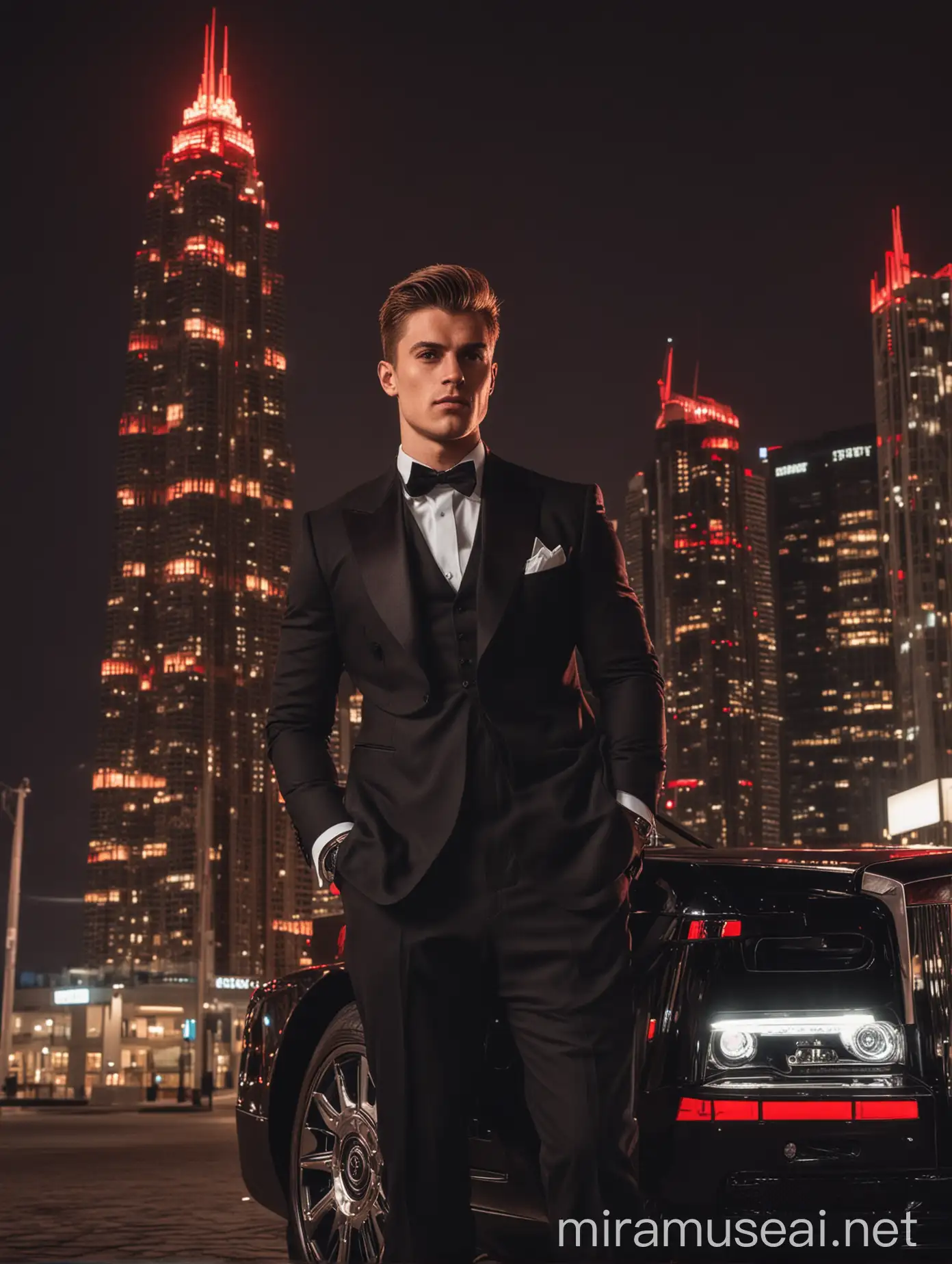 Stylish Young Man Leaning on Rolls Royce Near Luminous Red Skyscraper at Night