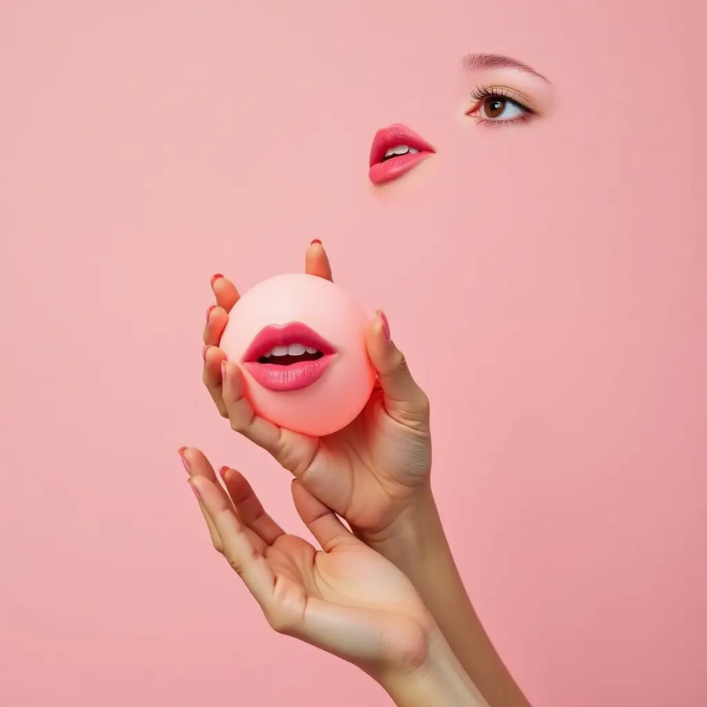 NFT single-toned background light pink color, women's hands hold a small ball light pink color, in the ball women's lips, art, masterpiece, tenderness. To the top right image of male eye looks at the lips