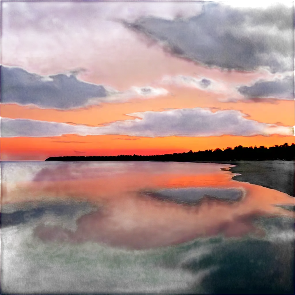 The photo captures a stunning sunset over a tranquil beach, with the sky illuminated in vibrant colors. The calm water reflects the afterglow of the sun as it sets below the horizon. This picturesque scene showcases the beauty of nature in its peaceful setting.