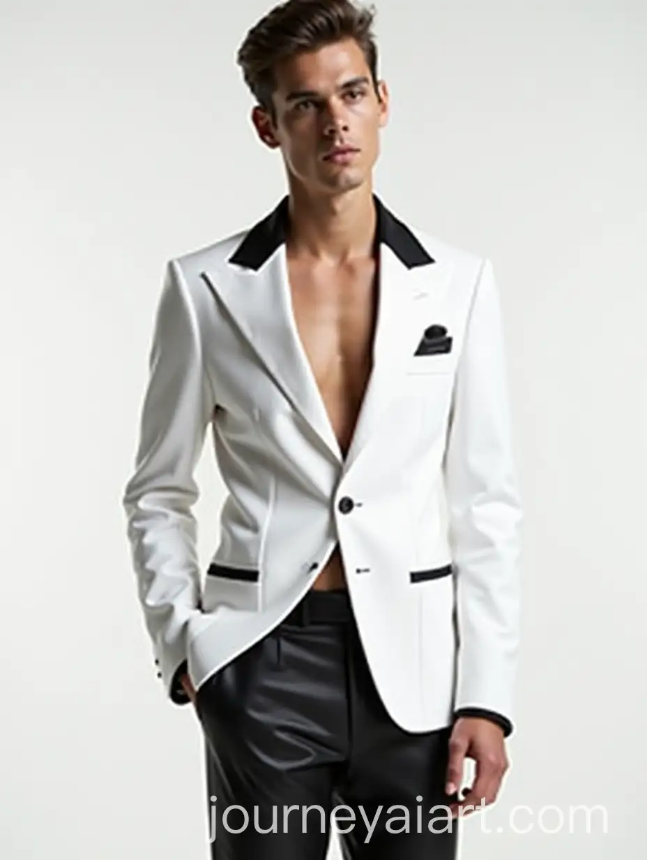 Man-in-Tailored-White-Jacket-with-Black-Detailing-and-Leather-Pants