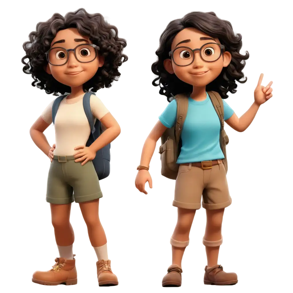 Animated Pixar style, full body image of 2 cute young girl explorers, one is 8 years old and the other is 5 years old, both with black curly hair and glasses, light brown complexion, front facing holding out her left hand like she is showing the viewer something, background is a jungle scene