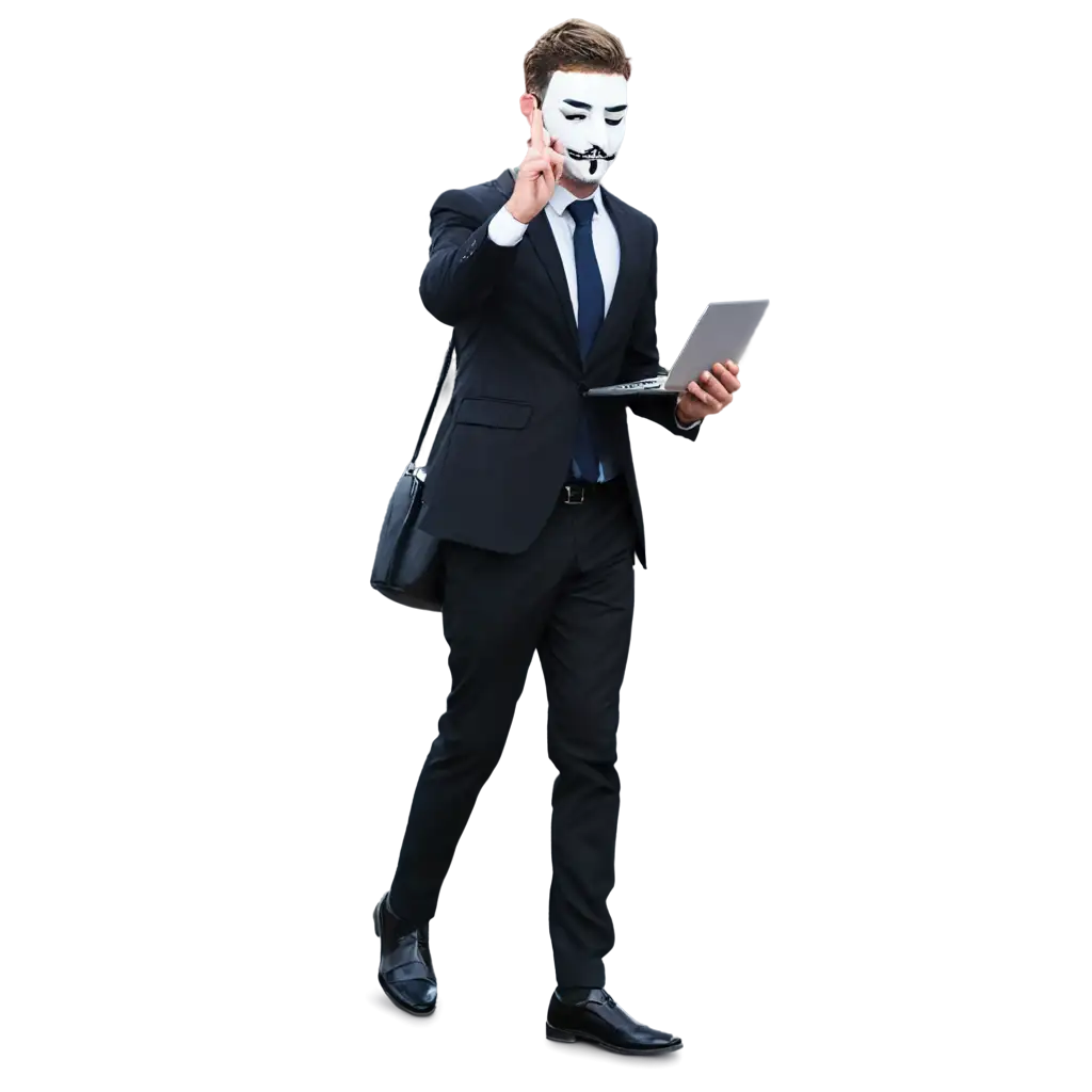 A man wearing a black suit, Carrying a laptop and wearing an anonymous mask