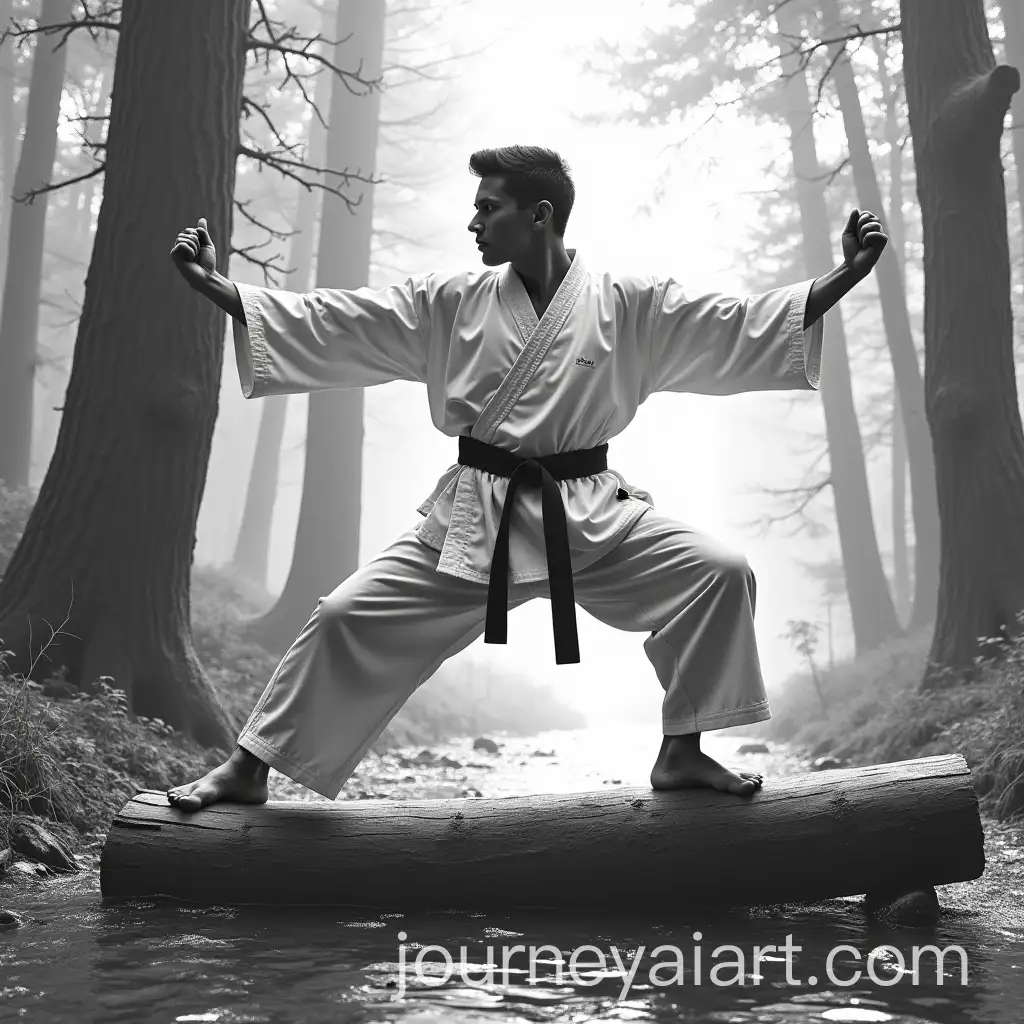 Person-Practicing-Karate-on-a-Log-in-a-Forest-Black-and-White