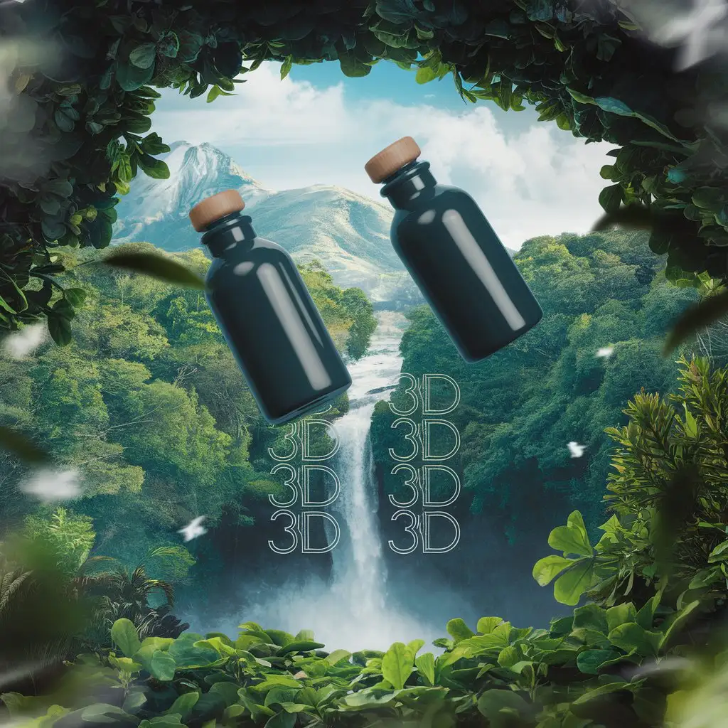 two bottles on a nature background with 3d special effects and a repeat sign