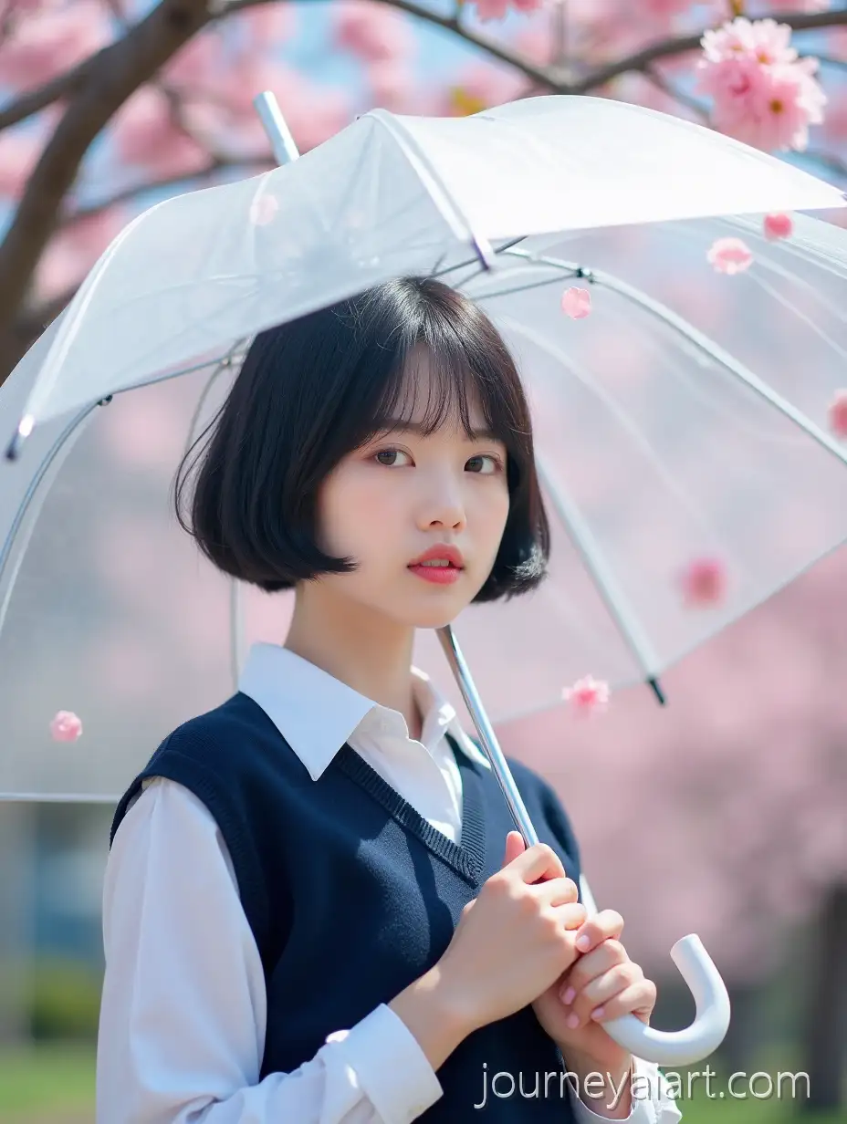 Young-Woman-Under-Cherry-Blossoms-with-Transparent-Umbrella-in-Spring