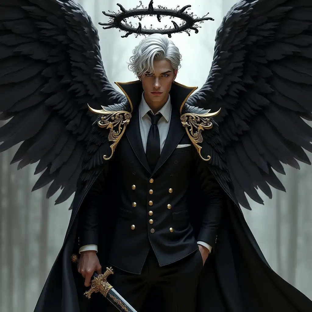 A silver haired angelic male wearing a black 3 piece suite and a black and gold cape and has black magical wings and a black energy halo over his head with a clean shave holding a obsidian sword