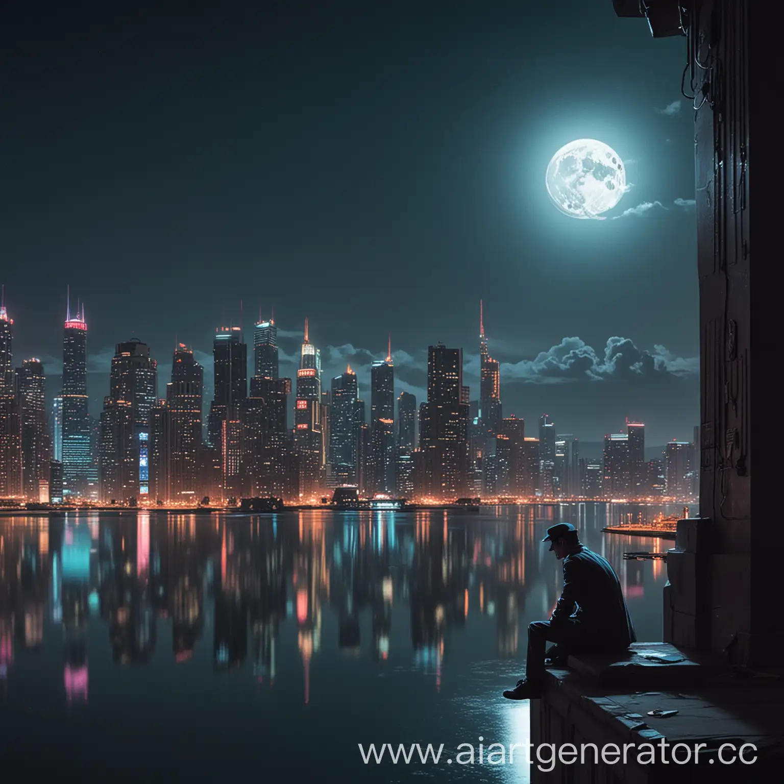 A detective sits on the edge of a high-rise building in a neon city, looking out at a lake in the distance, the moon shining in the sky.