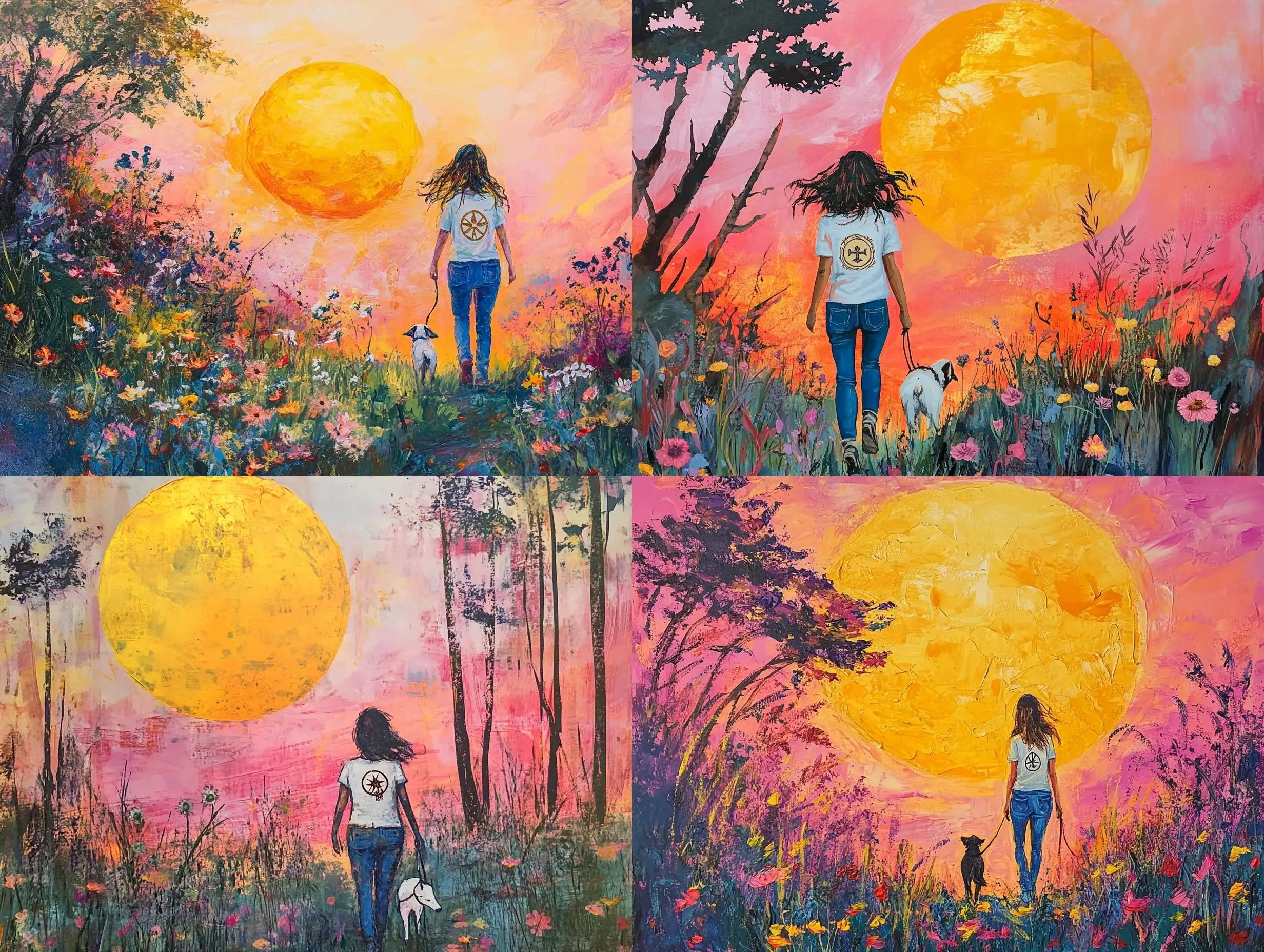 Woman-Walking-Her-Dog-Through-Wildflowers-at-Sunset