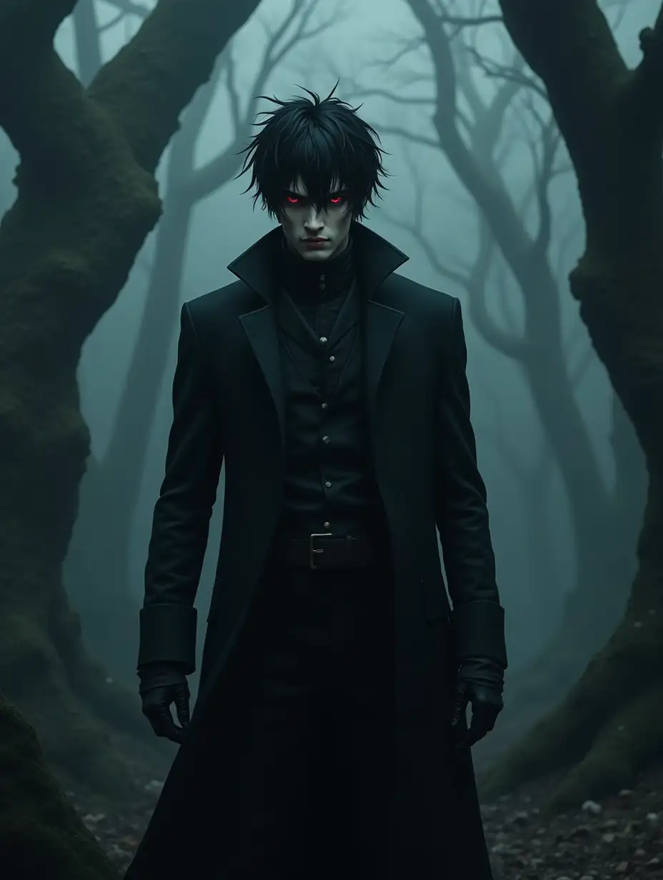 A tall, slender male character with piercing red eyes, dressed in a long black coat with a high collar and fitted dark clothing underneath, standing in a dark, eerie forest. His hair is messy and jet black, with realistic texture and detail, giving him an intense and foreboding aura. He wears black leather gloves, and his expression is serious, exuding an air of danger and mystery. The forest around him is filled with twisted, ancient trees, shrouded in dense, cold mist that creates deep shadows. The lighting is naturalistic and dim, with a muted, cold color palette that enhances the sense of foreboding. The shot is a medium-long shot, framed symmetrically from above the knees, with the character looking directly at the camera.