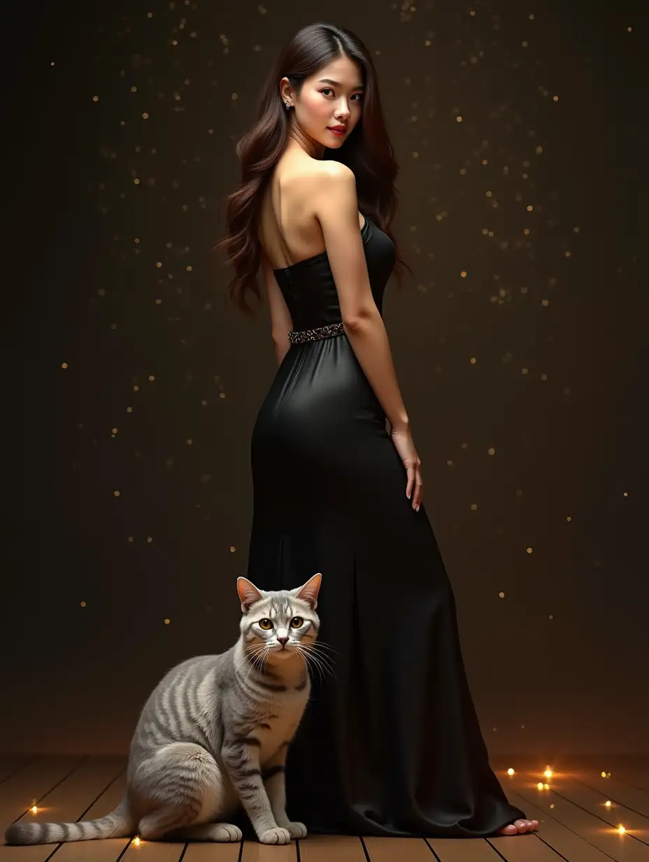 Realistic-Portrait-of-Asian-Woman-with-Silver-Shorthair-Cat-in-Magical-Firelight-Setting