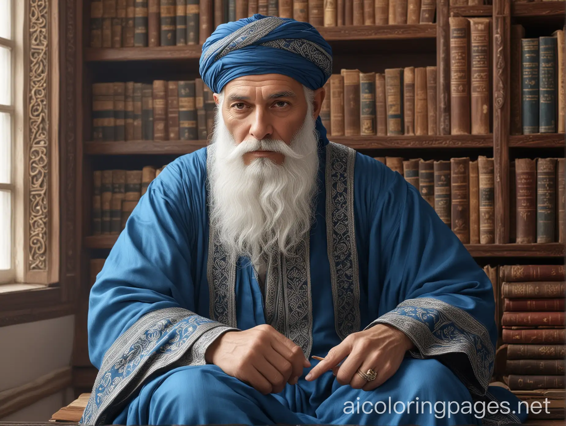 MiddleAged-Islamic-Scholar-in-Vintage-Blue-Robes-Seated-in-Library