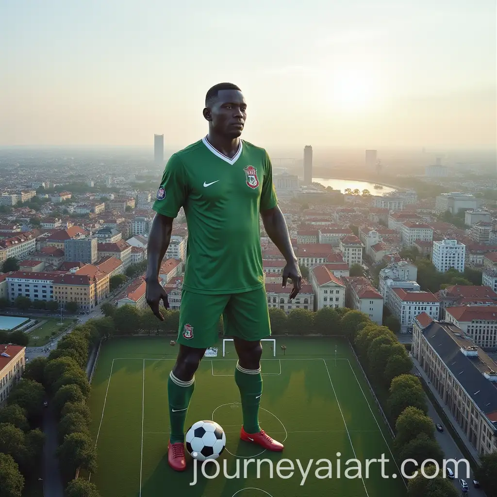 Aerial-View-of-Riga-City-with-Giant-Soccer-Player-Playing-Football