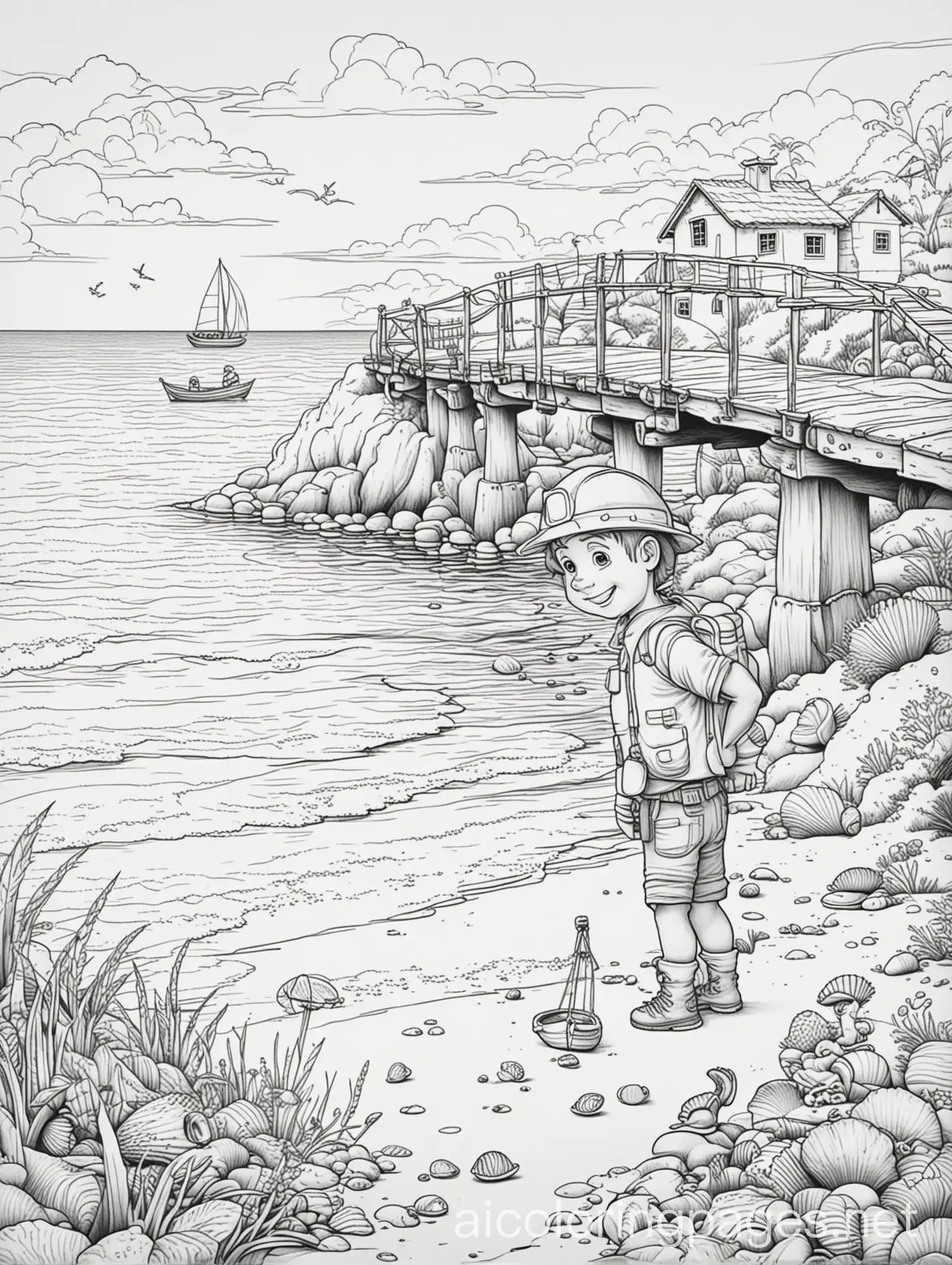 simple cartoon coloring in drawing of a builder at the beach with sea shells and a bridge , Coloring Page, black and white, line art, white background, Simplicity, Ample White Space. The background of the coloring page is plain white to make it easy for young children to color within the lines. The outlines of all the subjects are easy to distinguish, making it simple for kids to color without too much difficulty