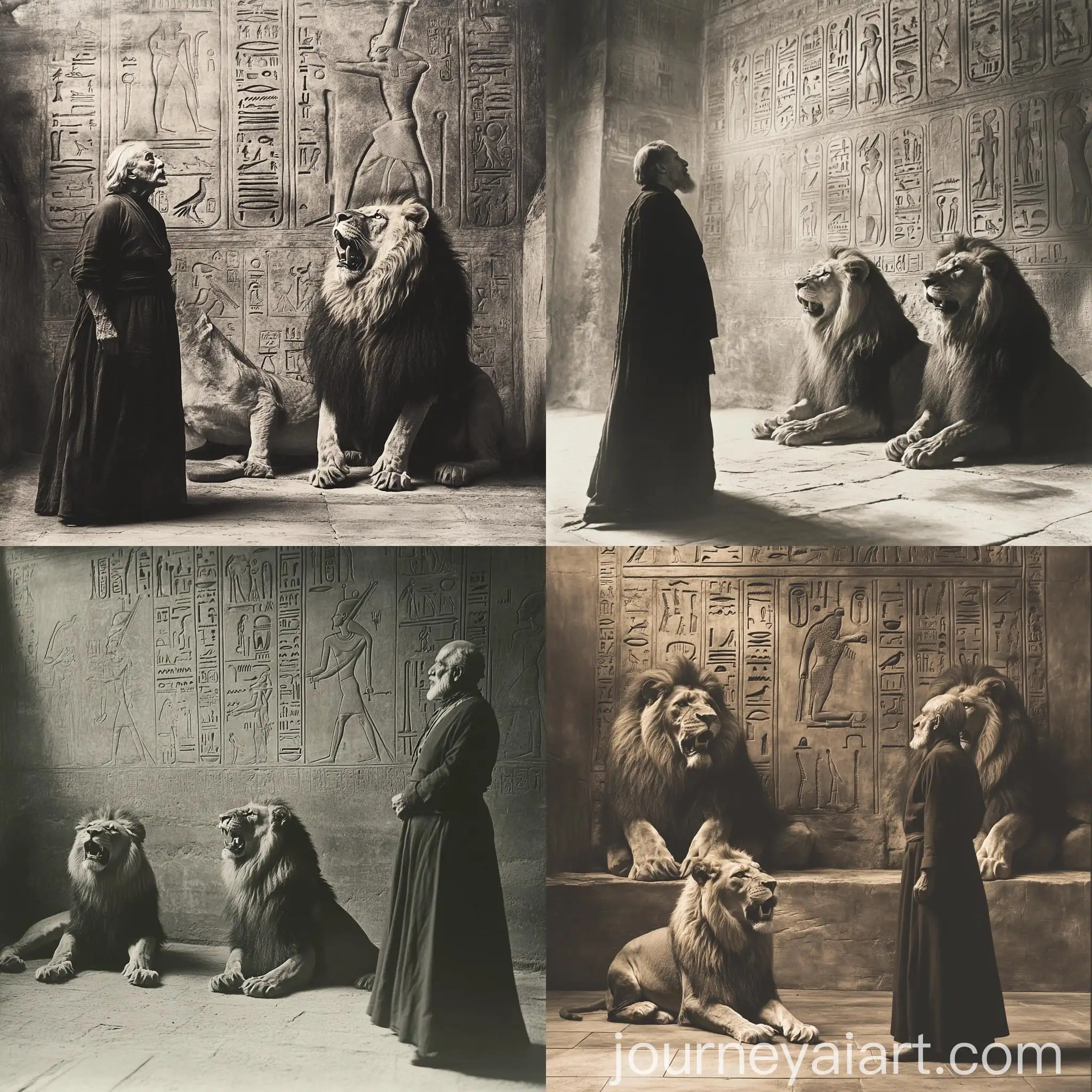 Elderly-Figure-Contemplating-Ancient-Egyptian-Lions