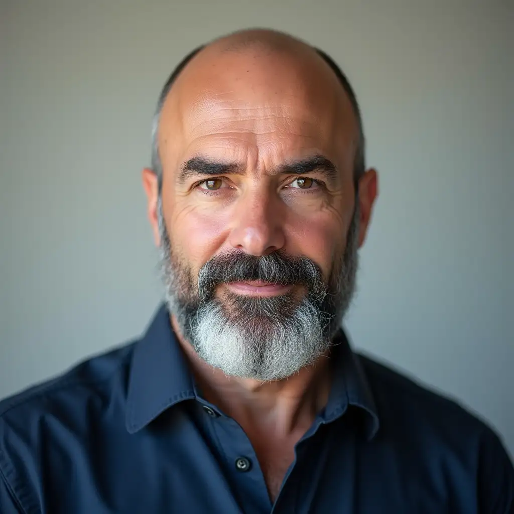 Headshot of a man in his 50s, shoulders-up, bald head, roundish face, long length grey beard, dark prominent eyebrows, hazel colored eyes, medium-light skin tone, neutral expression, soft natural lighting, wearing a navy collared shirt, clean light and single colored background, squared shoulders, photorealistic and lifelike style, high detail