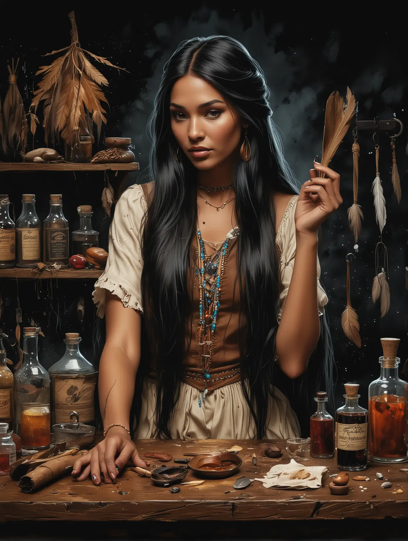 Mysterious-Pocahontas-Preparing-Magic-Medicine-in-a-Dark-Kitchen