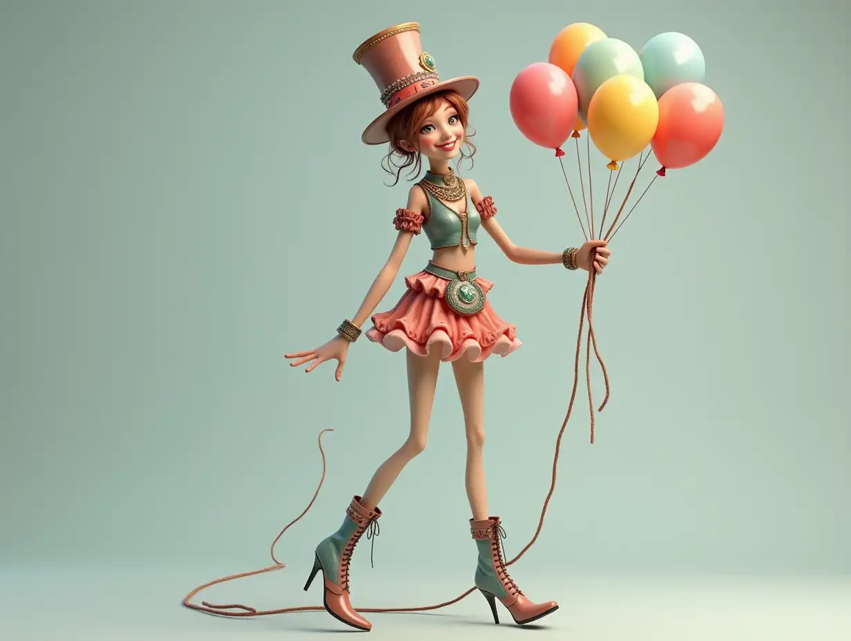 A very long 3-D female figure with very thin legs and very long thin arms with top hat and boots and wearing jewelry.and holds multiple balloons in her hand 4K resolution Colorful