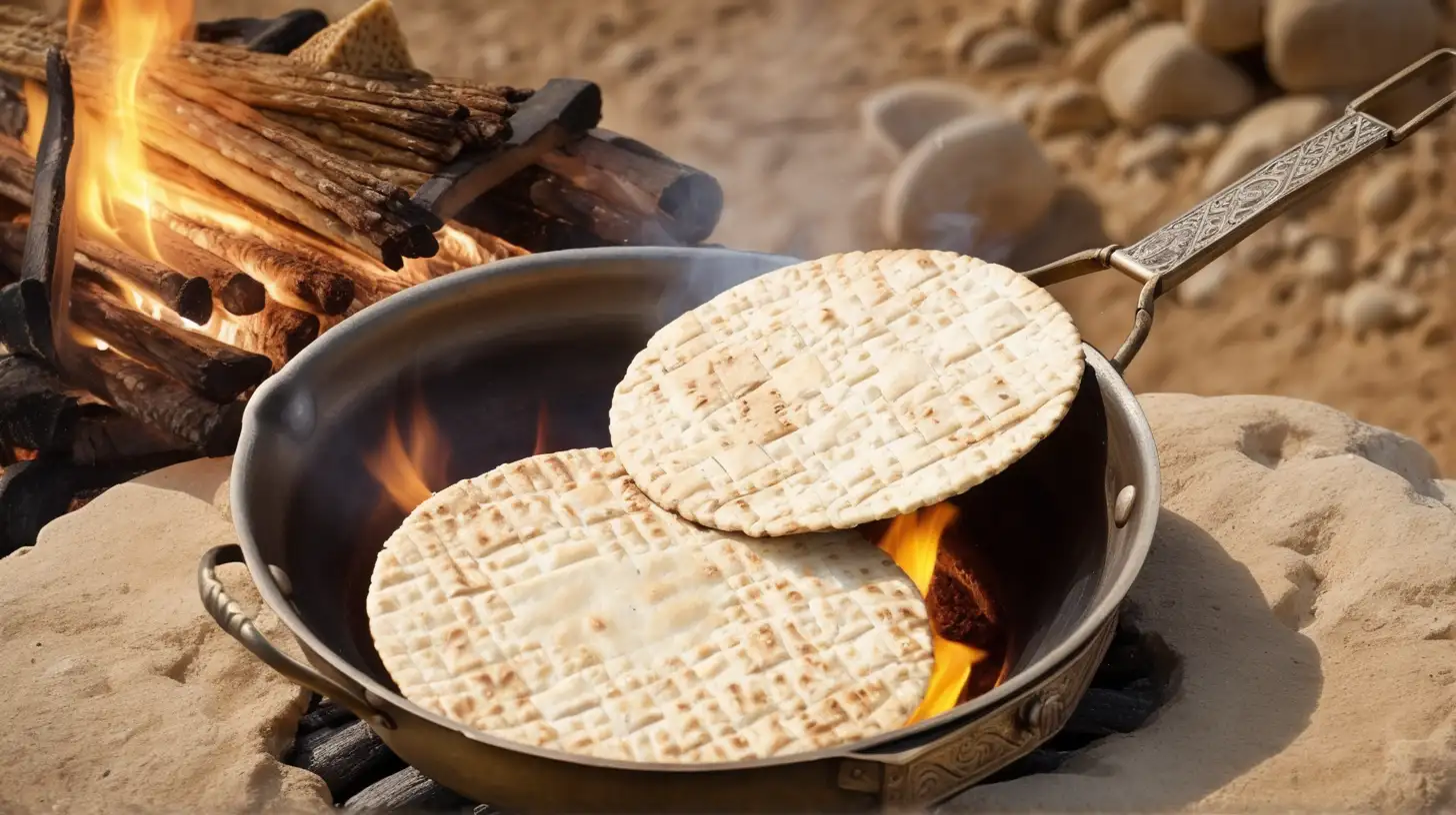 Biblical Era Scene Cooking Matzah Over an Open Fire