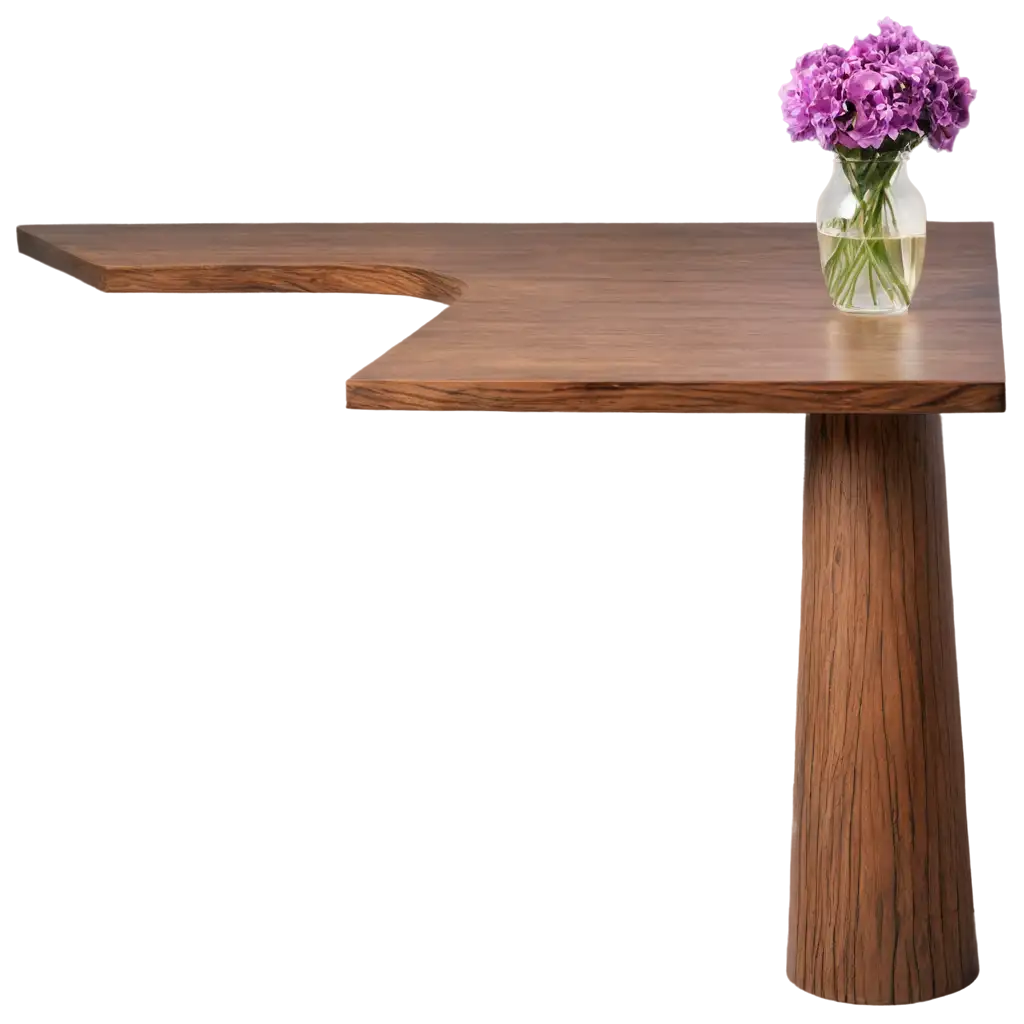 wood table with purple flower vase on the edge of the table