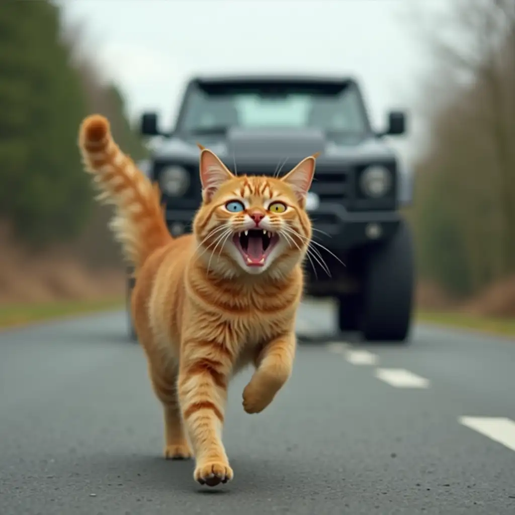 A fluffy ginger cat, running in fright on the road, one eye blue, the other yellow, pursued by a large black automobile ram trx