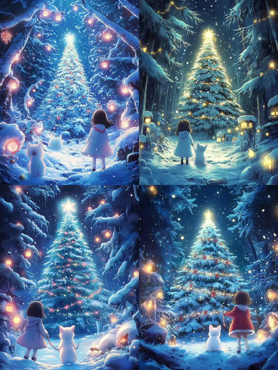 Girl-and-Fluffy-White-Cat-Discover-Hidden-Snowy-Christmas-Tree-in-Enchanted-Forest
