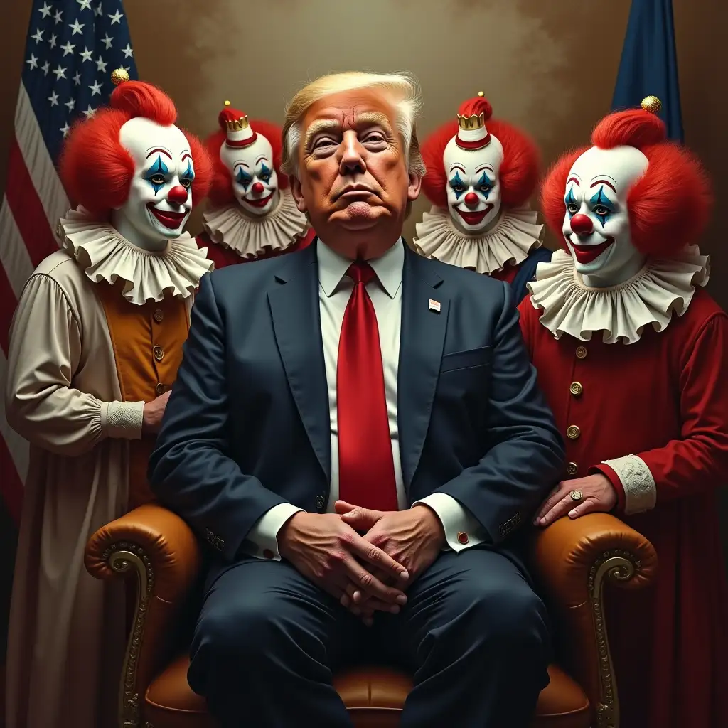 Donald-Trump-Reigning-Among-Worshipping-Clowns-in-a-Surreal-Painting