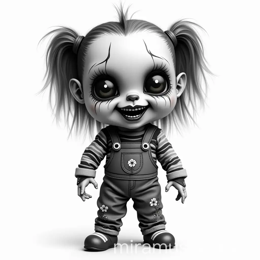 Creepy Doll Tattoo Style in Black and White on White Background