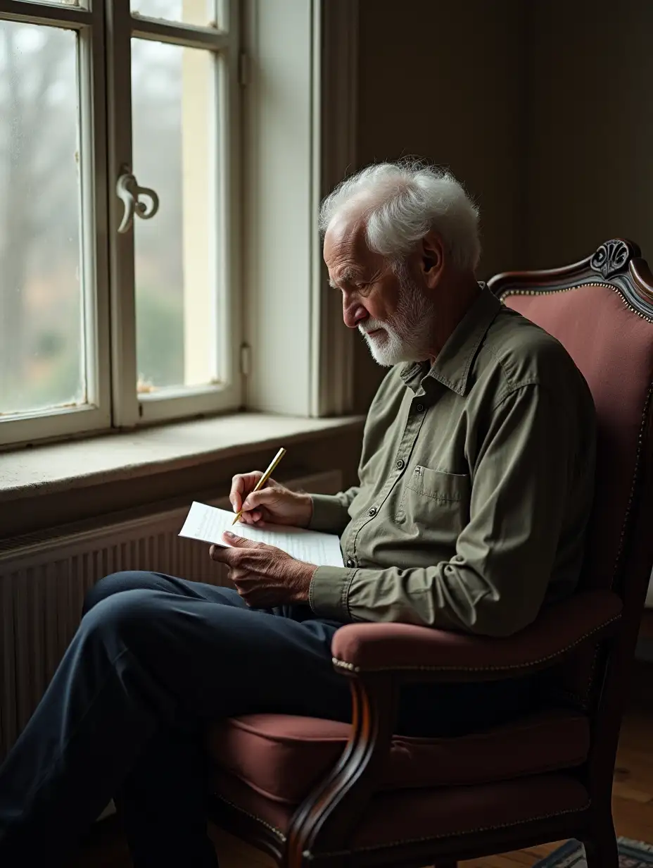 fragments of an older man sitting on a chair near a window, writing a letter. his voice begins: