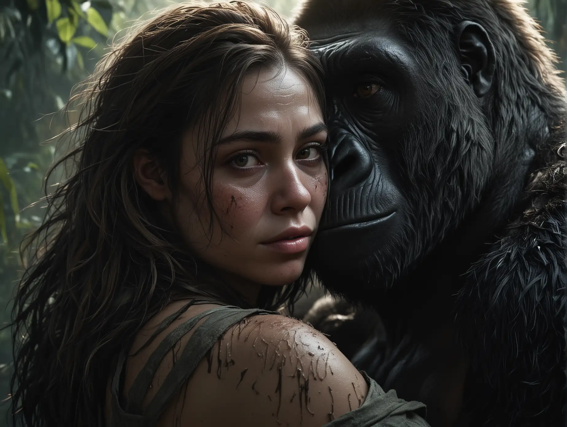 a beautiful woman, dirty, hugging a gorilla, jungle, 1woman, 1gorilla, cinematic lighting, bust shot, extremely detailed CG unit 8K wallpaper.