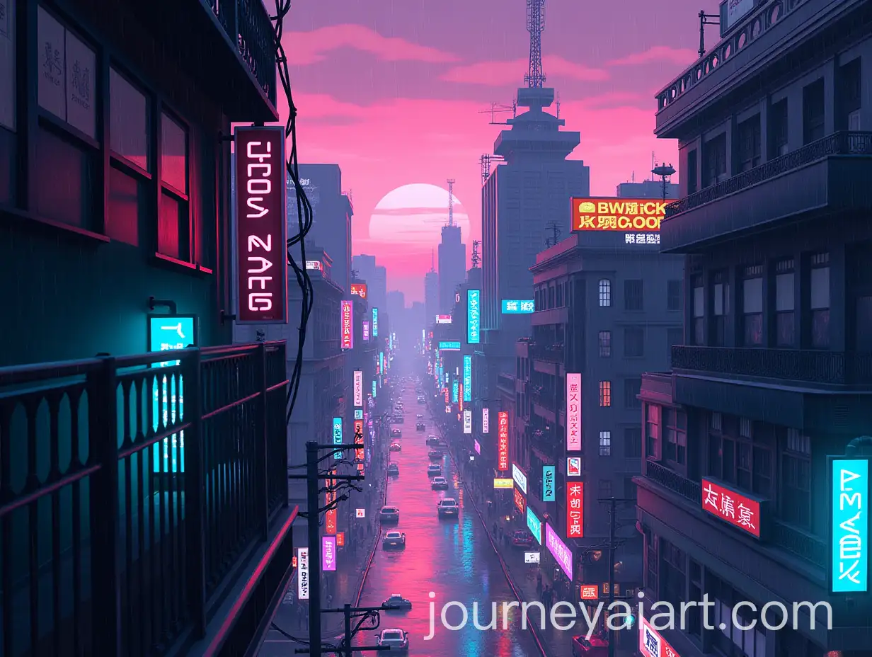 Futuristic-Neon-Cityscape-with-Rain-and-Sunset-Sky