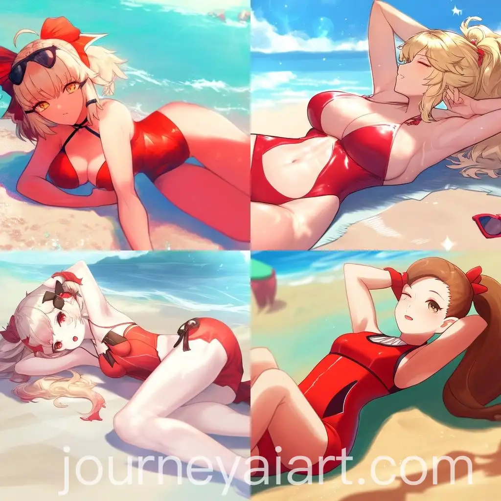 Girl-in-Red-Swimsuit-Relaxing-on-Beach