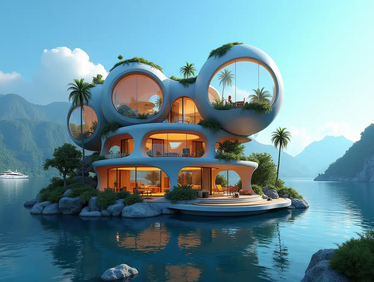 A futuristic multi-story house made of many holen lit up glass balls and wood lies on the water,many plants and trees, blue sky, bright environment, mountains and a yacht in the background, colorful 8k quality