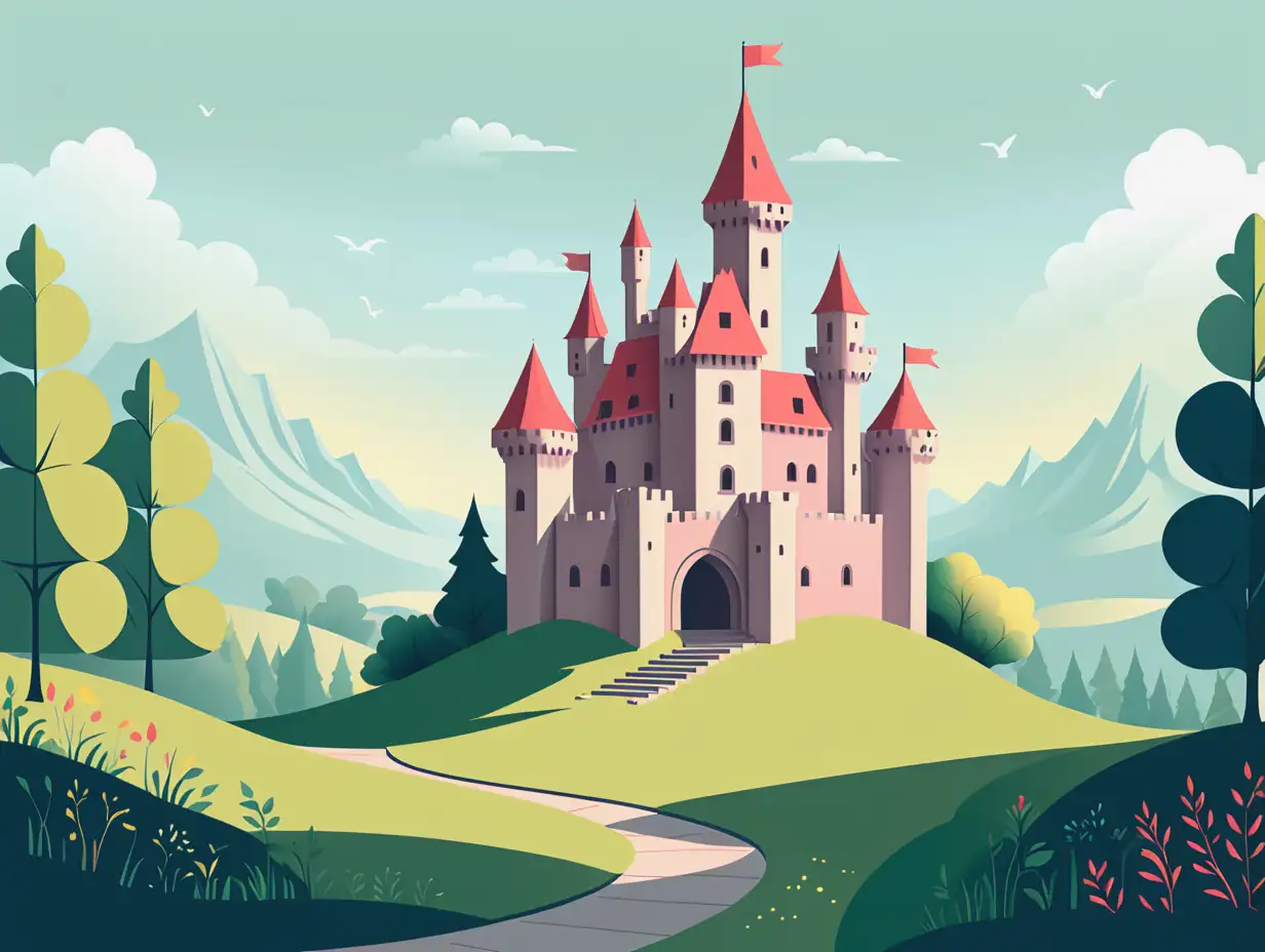 Simplified-Vector-Illustration-of-a-Pastel-Castle-Surrounded-by-Nature