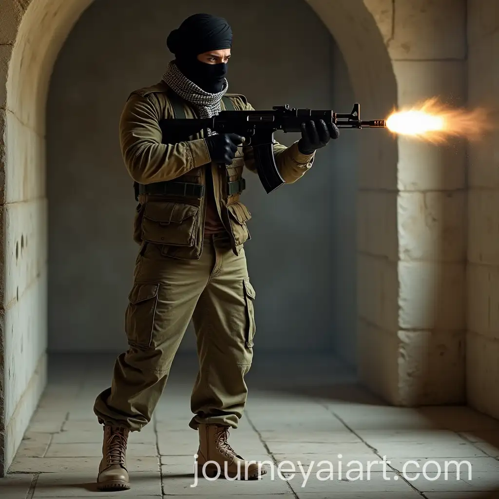Athletic-Man-with-AK47-in-Dungeon-Setting-Shooting-Tracer-Bullets