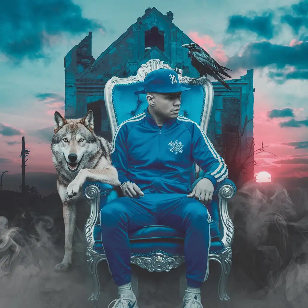 Unstoppable Knight Album Cover Paul Walker in Blue Tracksuit with Wolf and Raven at Sunset