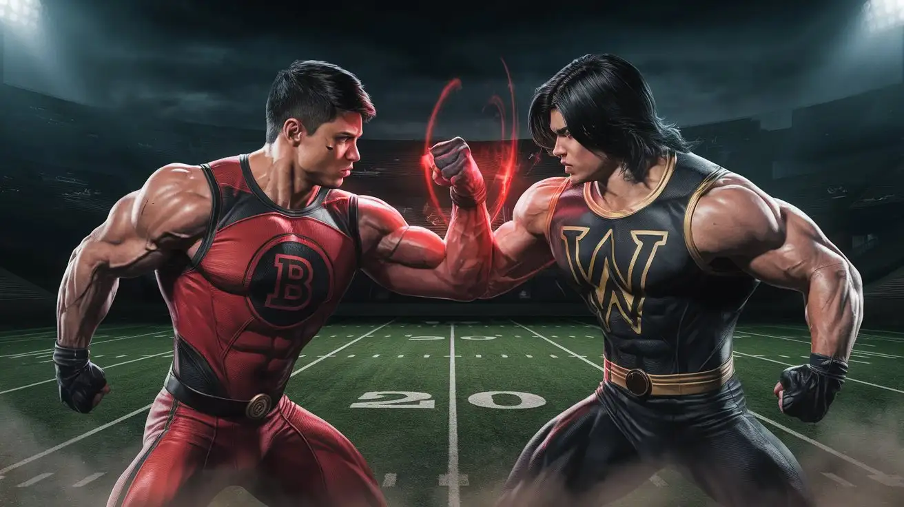 Two-Young-Bodybuilder-Superheroes-Sparring-on-an-Empty-Football-Field-at-Night