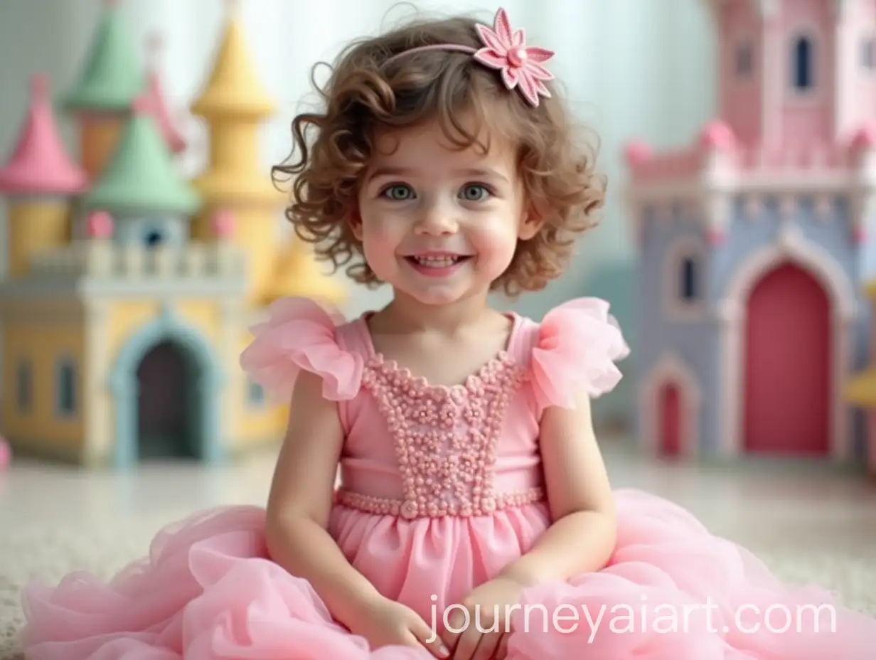 Smiling-3YearOld-Girl-in-Princess-Dress-with-Colorful-Pastel-Castle-Background