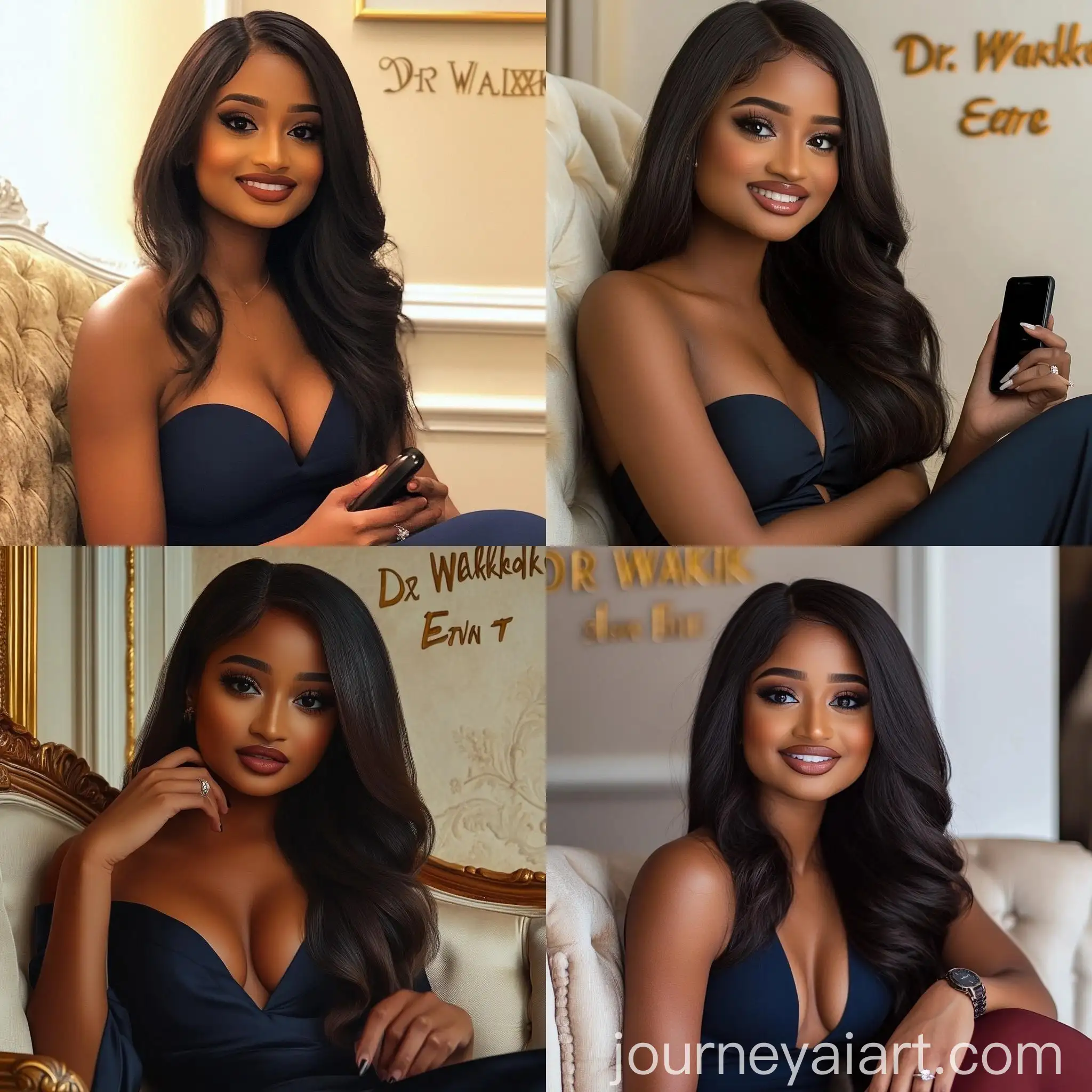 Young-Woman-Sitting-on-Navy-Blue-Couch-with-Engagement-Ring-and-Smartphone