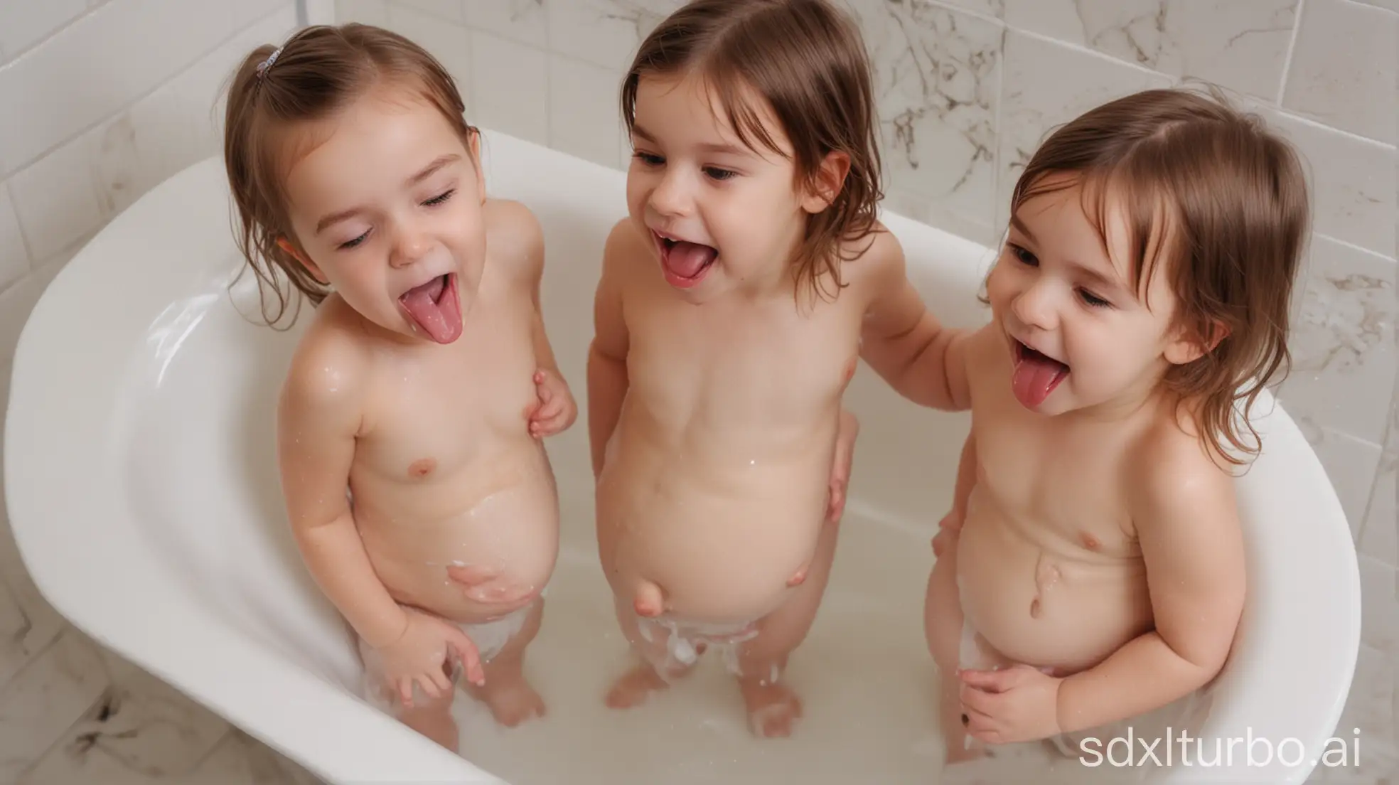 Two-Adorable-Little-Girls-Facing-Each-Other-with-Pregnant-Belly-Standing-in-Front-of-Bathtub