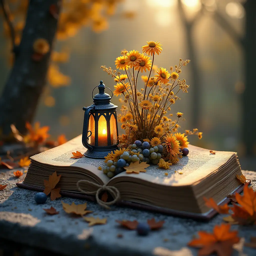 Autumn leaves, dried flowers of chamomile, chrysanthemums rise from an open ancient book, covered with frost, snow, a jute bow, a forged dark blue lantern with a candle inside, dwarfs sit, glitter, bright sun, rays, diorama, grapes and viburnum, beautiful and sad, fantasy art, filigree, hyperreal.