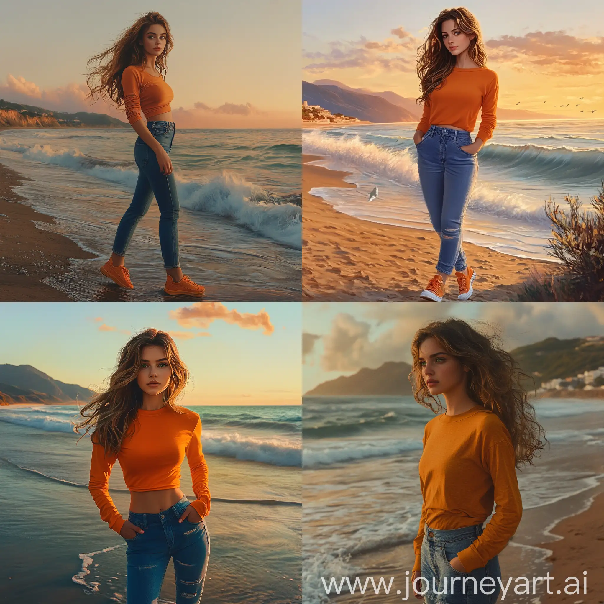 WavyHaired-Woman-Walking-at-Sunset-on-Seashore