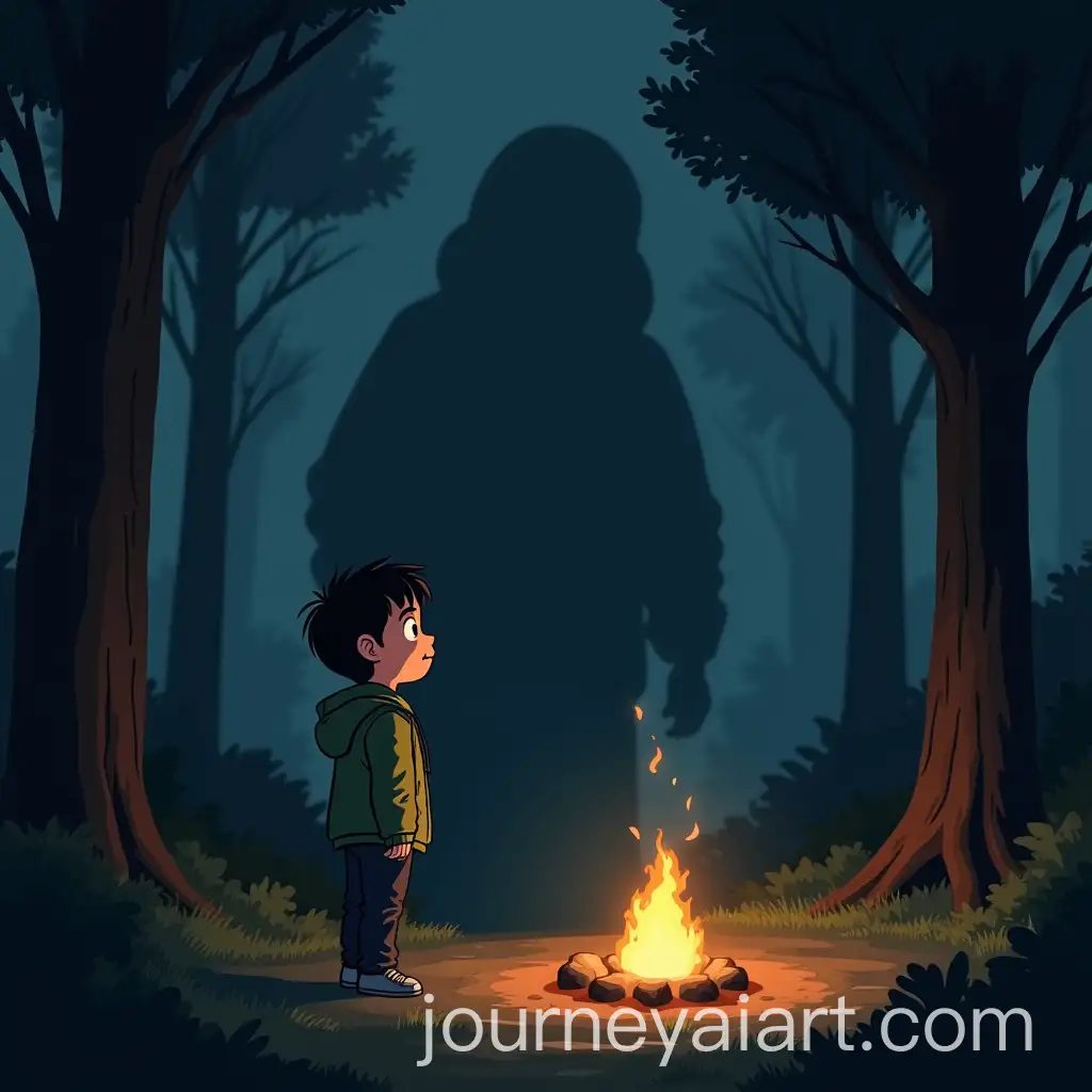 Mysterious-Shadow-at-Campsite-with-Young-Camper-in-Fearful-Stance