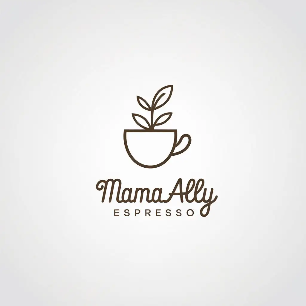 LOGO Design for Mama Ally Espresso Simple Pencil Drawing of Coffee Cup with Plant Minimalist Cursive Text