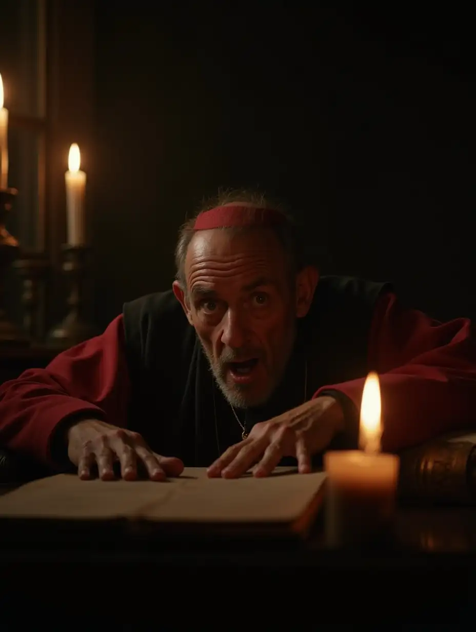 An epic 17th century scene featuring an old Spanish cardinal with frightened face lying on the desk, at night, in a dark room lightened by candles, close cinematic view